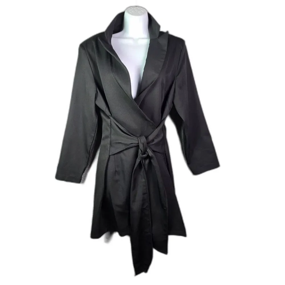 PrettyLittleThing Coat Black 12 Tie Front Lightweight Minimalist Unlined
